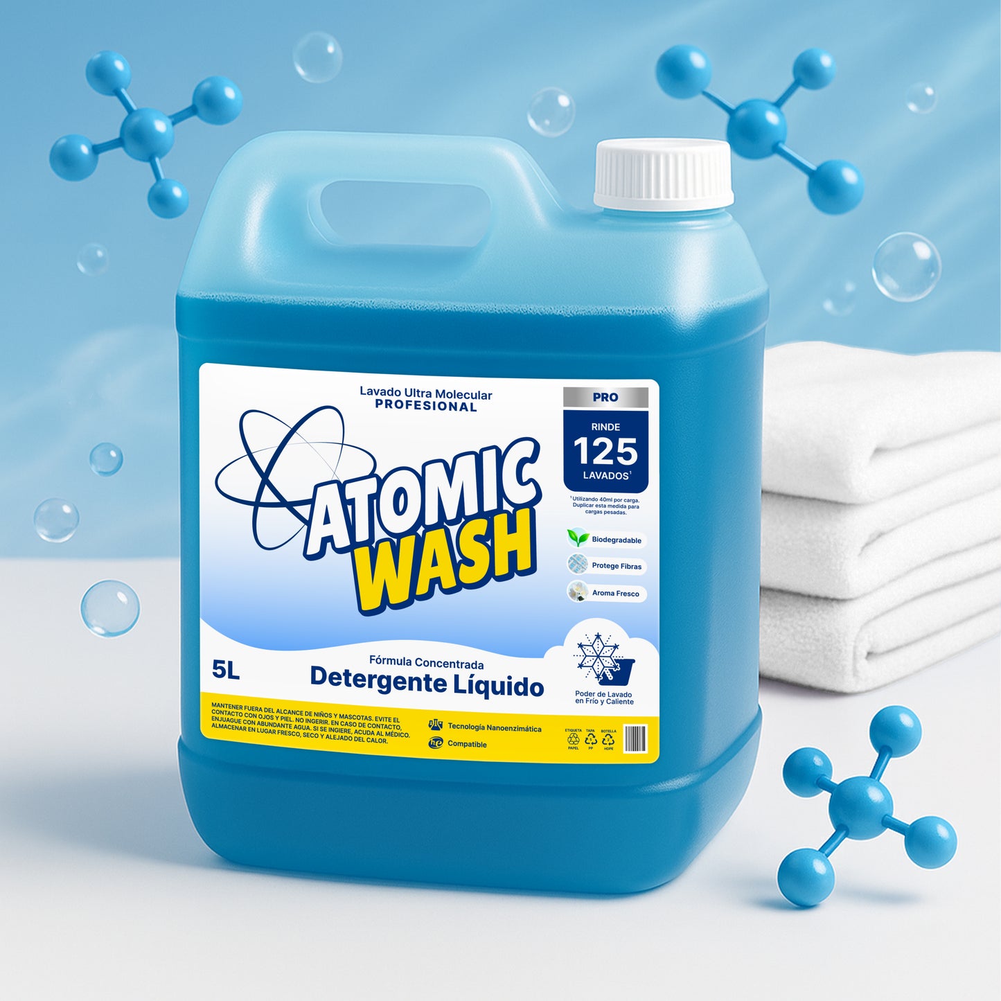 Detergente Atomic Wash 5 Litros rodeado de burbujas y moléculas