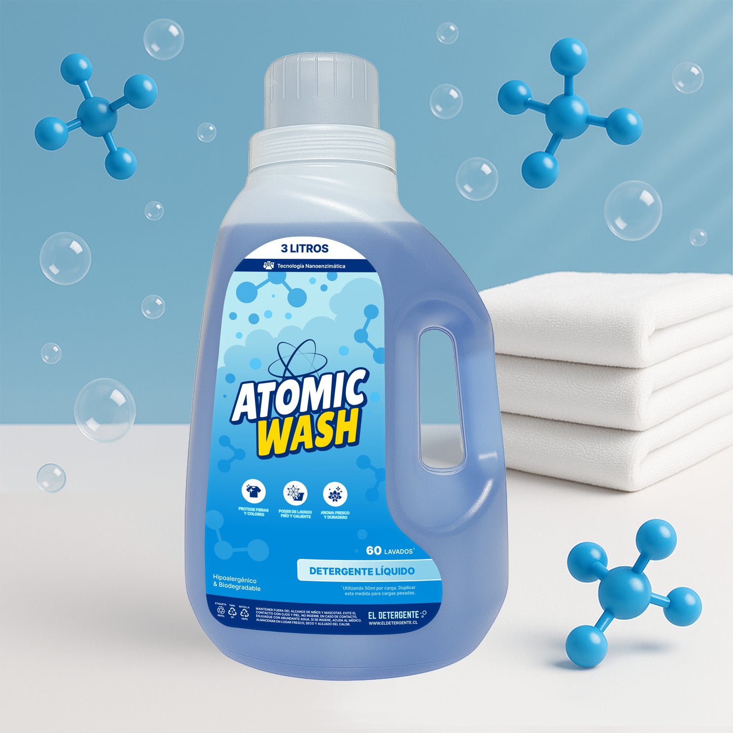 Imagen de bidón de 3 litros detergente atomic wash rodeado de burbujas y moléculas
