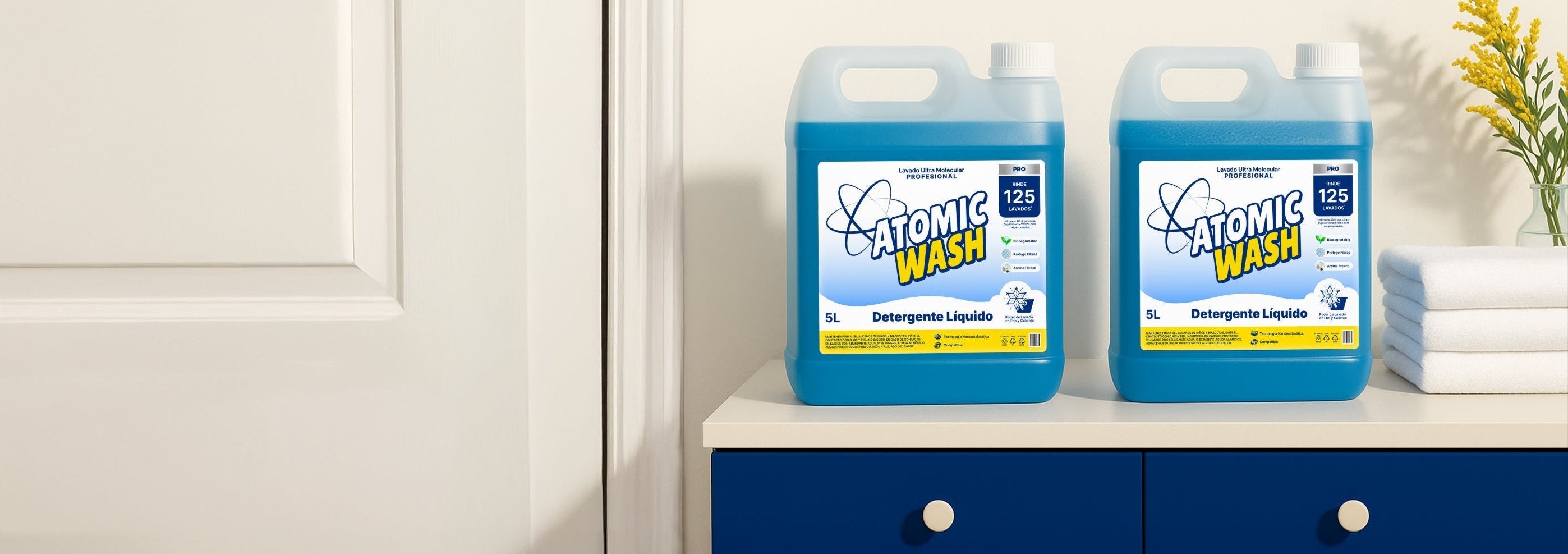 Atomic Wash línea de detergentes profesional sobre un mueble azul